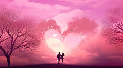 Paisagem um casal apaixonado com árvores em formato de coração rosa e céu cor de rosa com corações 