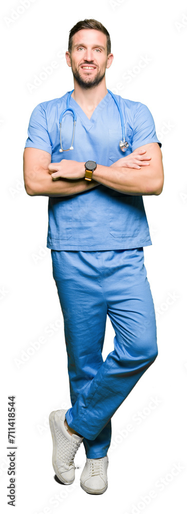 Poster handsome doctor man wearing medical uniform over isolated background happy face smiling with crossed