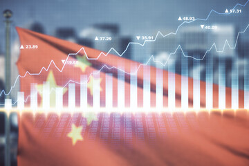 Abstract virtual financial graph hologram on flag of China and blurry cityscape background, forex...
