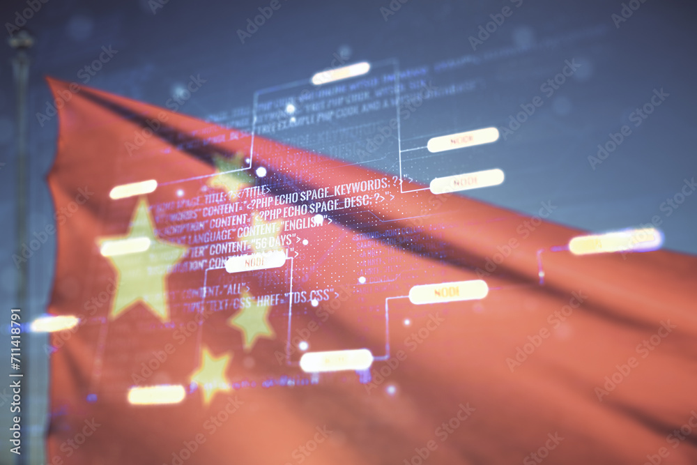 Poster multi exposure of abstract software development hologram on chinese flag and blue sky background, re