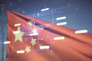 Multi exposure of abstract software development hologram on Chinese flag and blue sky background, research and analytics concept