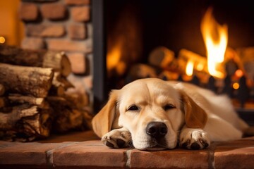 The dog golden retriever lies near the fireplace. Cozy warm home. Close up.