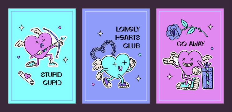 Trendy y2k anti valentines day greeting cards set. 2000s anti love 4a banners with vintage cartoon lonely hearts characters. Trendy neon vector illustration with funny text.