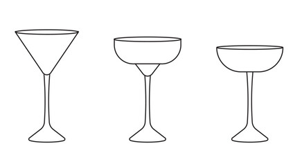 Set of various glasses for alcohol and non alcohol drinks in outline style on white background for icons, posters, patterns, webs, apps, wrapping