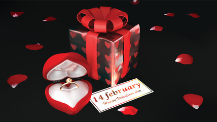 valentines day concept with gift box and engaged ring 3d vector illustration