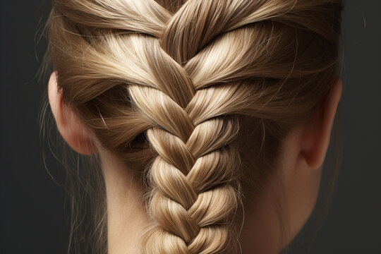 Close up of french braid plaited hairstyle of blond woman