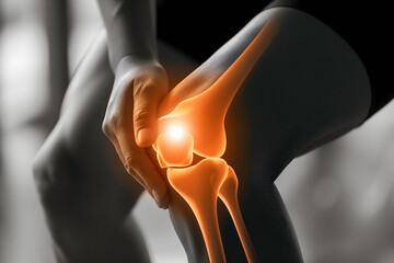Close-up Of A Man Knee With A Pain Point Knee Joint Pain Examine And Exercise To Reduce Pain - obrazy, fototapety, plakaty