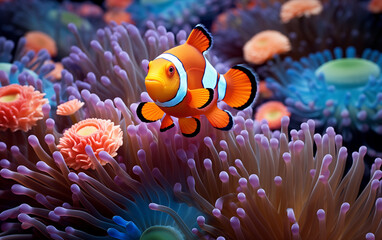 Naklejka na ściany i meble clownfish in coral reef,created with Generative AI tecnology.