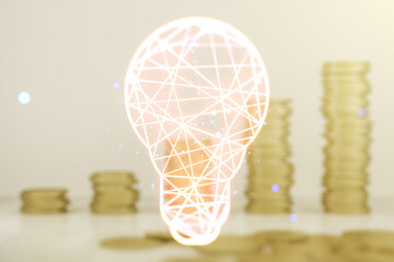 Double exposure of creative light bulb hologram on growing stacks of coins background, research and...
