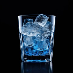 glass filled with ice cubes sits on a reflective surface. The ice cubes are a mix of light blue and clear colors. The glass is positioned in the center of the frame, with a black background.