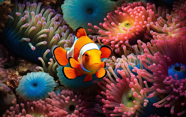 Fototapeta na wymiar clownfish in coral reef,created with Generative AI tecnology.