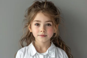 Foto op Plexiglas A 5 year old cheerful girl in a white school uniform, passport photography © piai