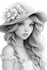 Coloring book for children, princess girl character. beautiful young woman with curly hair on white background.