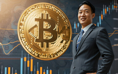 Asian businessman next to a bitcoin coin