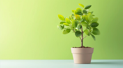 Potted plant with green leaves on green plain background