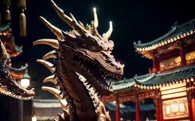 Fototapeta na wymiar Guardians of Tradition The Enchanting Artistry of Chinese Wooden Dragons ai generated