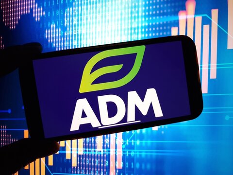 Konskie, Poland - January 16, 2024: ADM Archer Daniels Midland company logo displayed on mobile phone