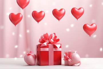 Realistic red gifts boxes. gift boxes full of decorative festive object. Valentine's day design. Holiday banner, web poster, flyer, greeting card, cover. Romantic background Generative AI.