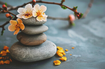 Fototapeta na wymiar Background of stones and flowers relaxation spa zen nature