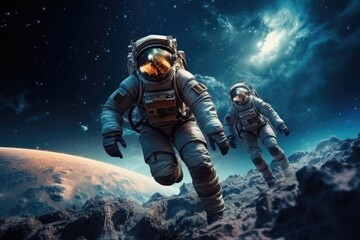 Two astronauts walk on another planet against the background of the cosmic sky