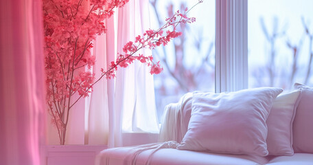 A living room with oriental style petals shades of pink