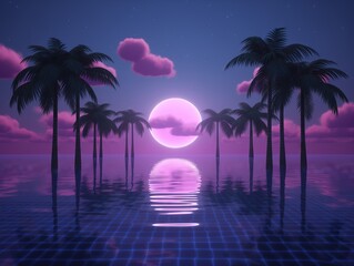 futuristic landscape with a purple full moon, a lake, and mountains in the background. The scene is lit with a grid of purple neon lights. - obrazy, fototapety, plakaty