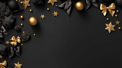 Christmas flat lay composition with elegant black and gold elements. Luxury festive decor on a dark background. Modern design for holiday cards, invitations, and posters. Generative AI.