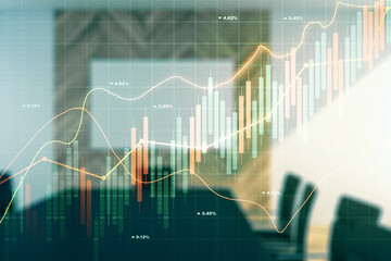 Multi exposure of virtual abstract financial diagram on a modern furnished office interior background, banking and accounting concept