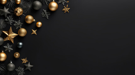 Fototapeta premium Christmas flat lay composition with elegant black and gold elements. Luxury festive decor on a dark background. Modern design for holiday cards, invitations, and posters. Generative AI.