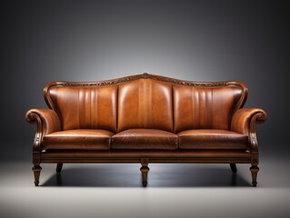 brown leather couch with ornate carvings on the back and wooden legs, advertising background