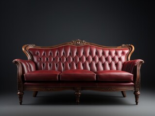 brown leather couch with ornate carvings on the back and wooden legs, advertising background