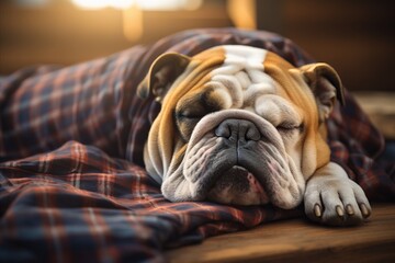 English bulldog sleeping comfortably on sofa with plentiful room for adding text or messages - obrazy, fototapety, plakaty