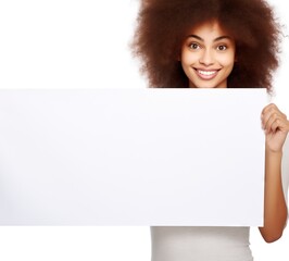 Beautiful woman with long hair holds a white board in front of her face, isolated white background