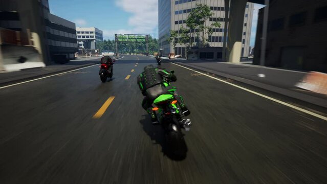 Virtual driver controlling the high speed motorcycle on the digital racing track. Driver riding the speedy sports motorcycle in the simulator mission. Driver overtaking opponents on speedy motorcycle.