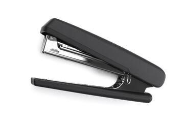 One black stapler isolated on white, top view