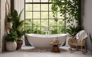 realistic photo Stylish bathroom interior with modern bathtub, ornamental plants and beautiful decoration, with bright colors. generative ai