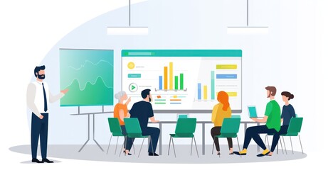 Obraz premium This vibrant vector illustration captures a group of experts engaged in risk assessment, surrounded by dynamic charts and data visualizations