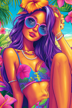 Girl with sunglass on hawaii beach. bright neon color
