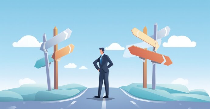 This illustration creatively represents the concept of risk management by depicting an entrepreneur at a metaphorical crossroads, weighing various business paths marked with risks and rewards.