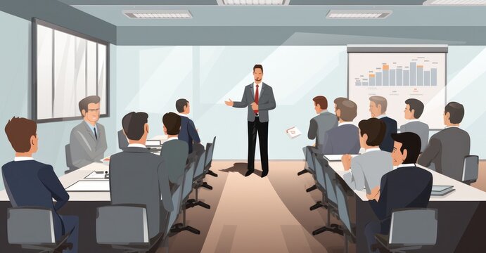 This engaging vector illustration captures a dynamic risk management workshop, where a consultant shares insights with attentive executives, highlighting collaborative learning and strategic thinking.