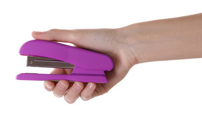 Woman holding purple stapler on white background, closeup