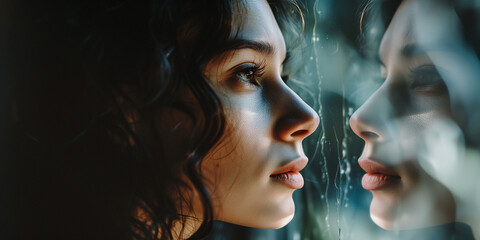 Reflective young woman with wavy hair, early 20s, gazing through a rain-dappled window, introspective mood