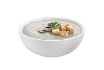 Delicious mushroom cream soup with croutons in bowl isolated on white