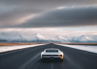 Car Driving Down Road With Mountains in Background. Generative AI.
