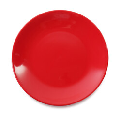 One red ceramic plate isolated on white, top view
