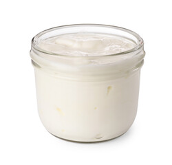 Fresh lactose free yogurt in jar isolated on white