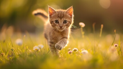 Naklejka na ściany i meble an adorable kitten running down a meadow
