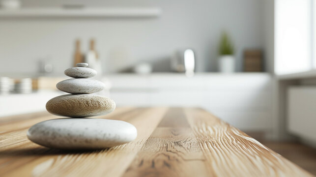 Wooden vintage table or shelf with stone balance, over blurred scandinavian kitchen. AI Generative
