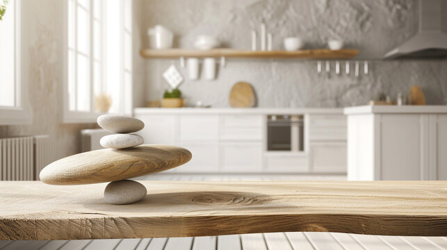 Wooden vintage table or shelf with stone balance, over blurred scandinavian kitchen. AI Generative
