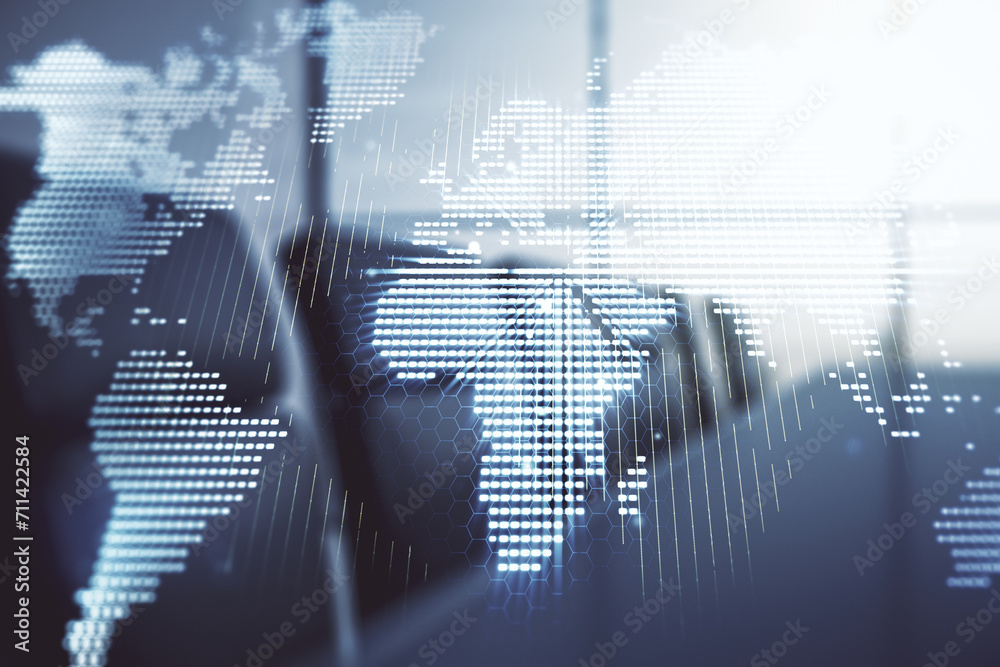 Poster multi exposure of abstract creative digital world map hologram on a modern meeting room background, 